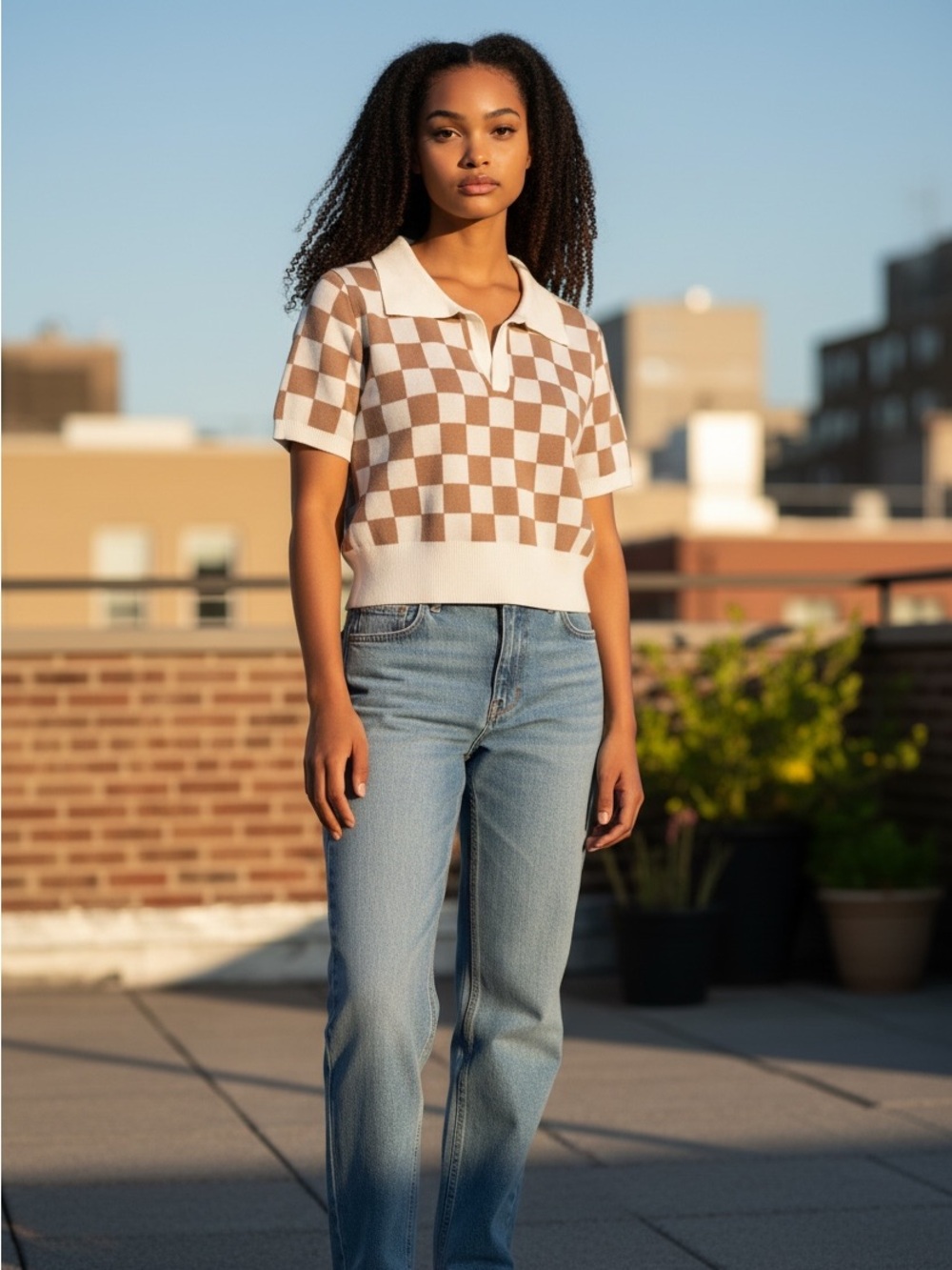 DREAMERS Checkerboard Knit Polo Top in White and Light Brown size small